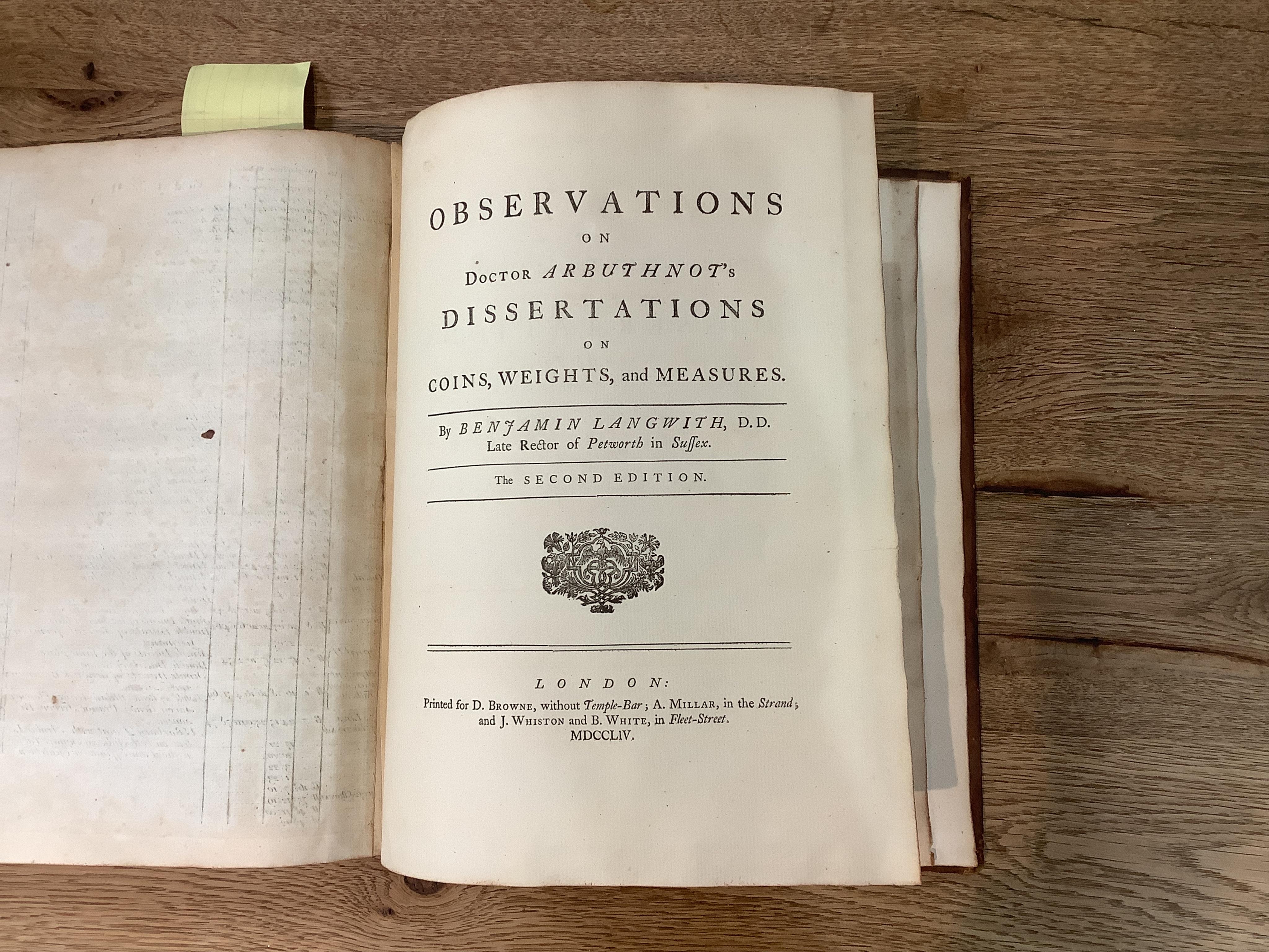 Arbuthnot, John. Tables of Antient Coins, Weights, and Measurements Explained and Exemplified in Several Dissertations - Browne et al., London, Second edition, 1754 - full leather binding